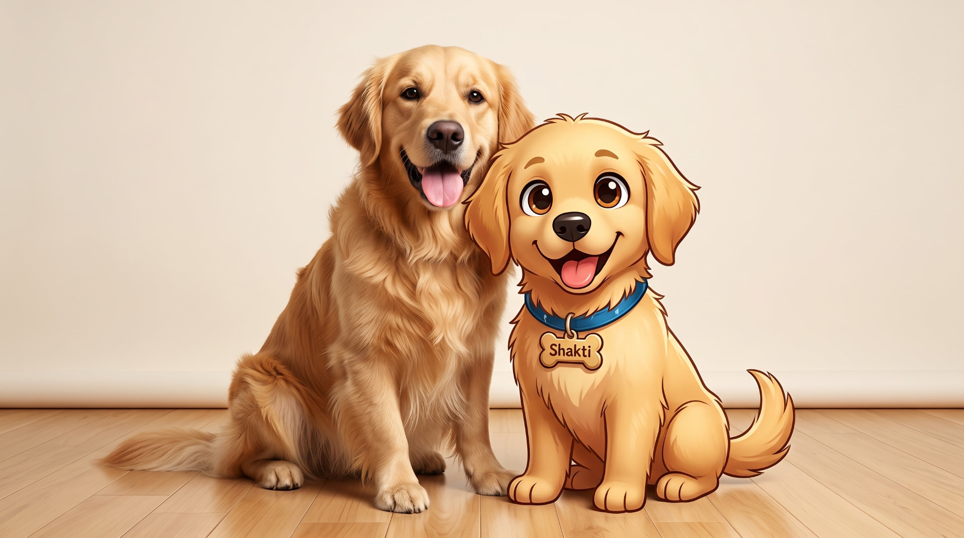 A golden retriever sitting beside Shakti, the Snoop Dog Pet Shop cartoon mascot