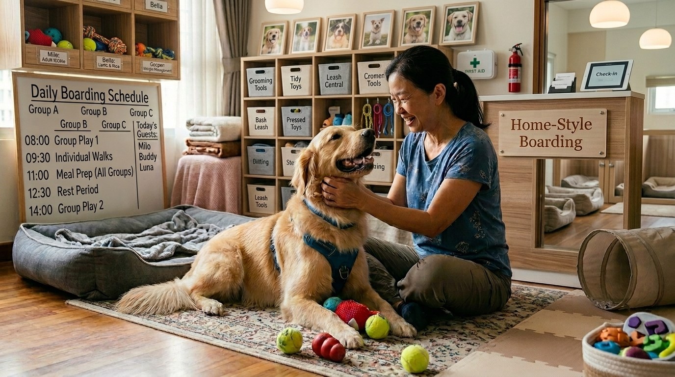 A carer sitting with a golden retriever inside a home-style dog boarding room