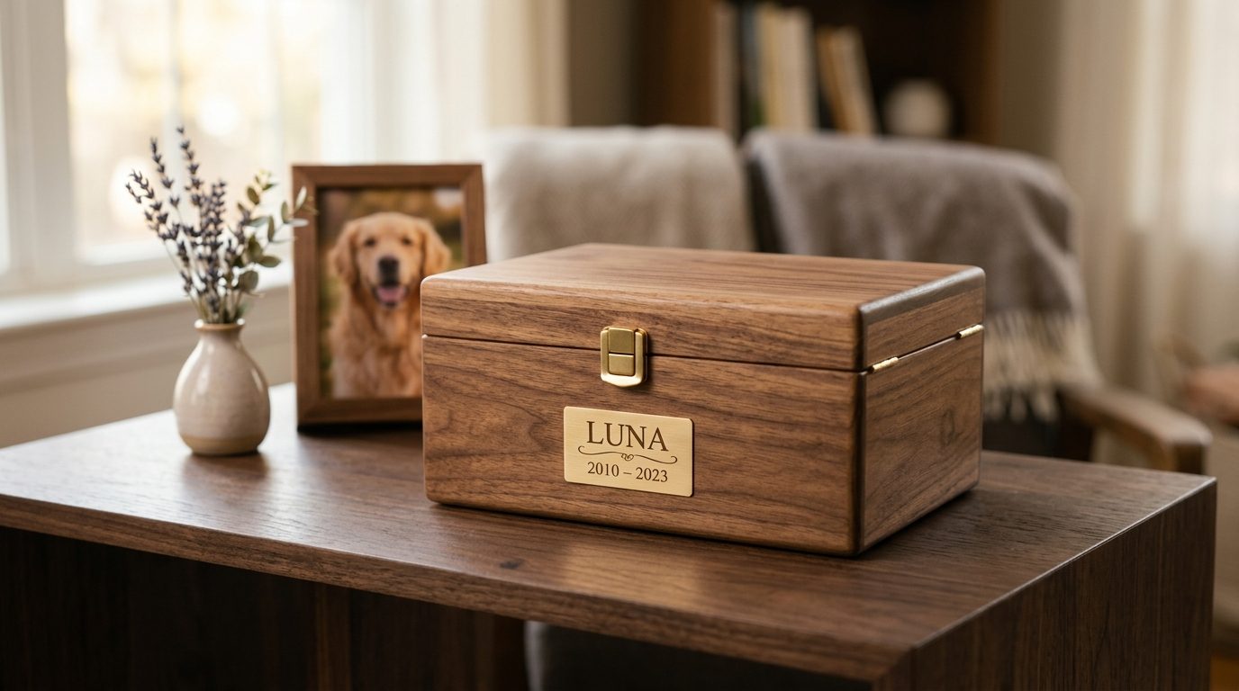 Custom-made wooden pet casket lined with soft fabric