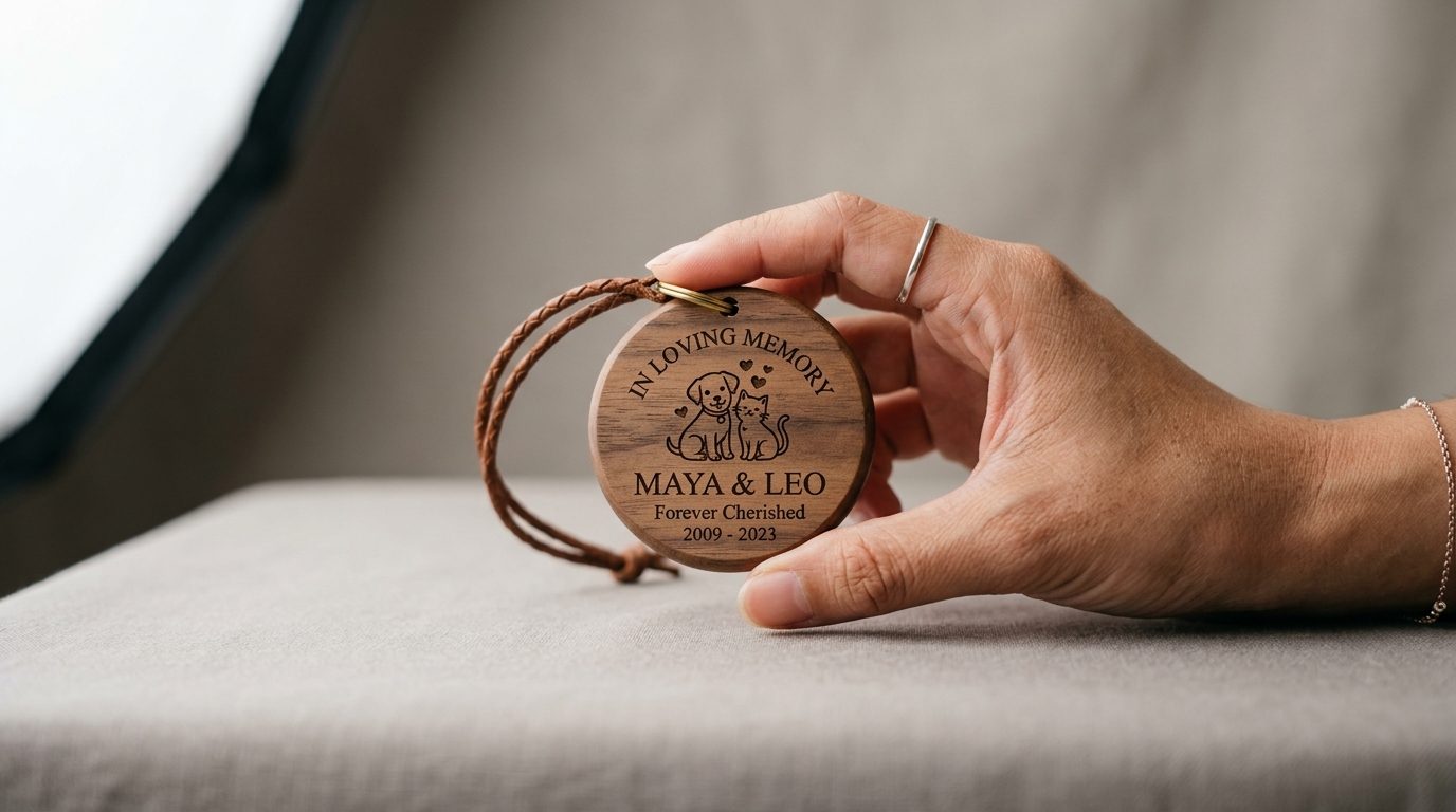 Hand holding a small paw-print memorial card