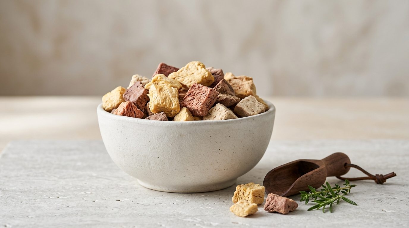 Freeze-dried raw dog treats and carnivorous kibble