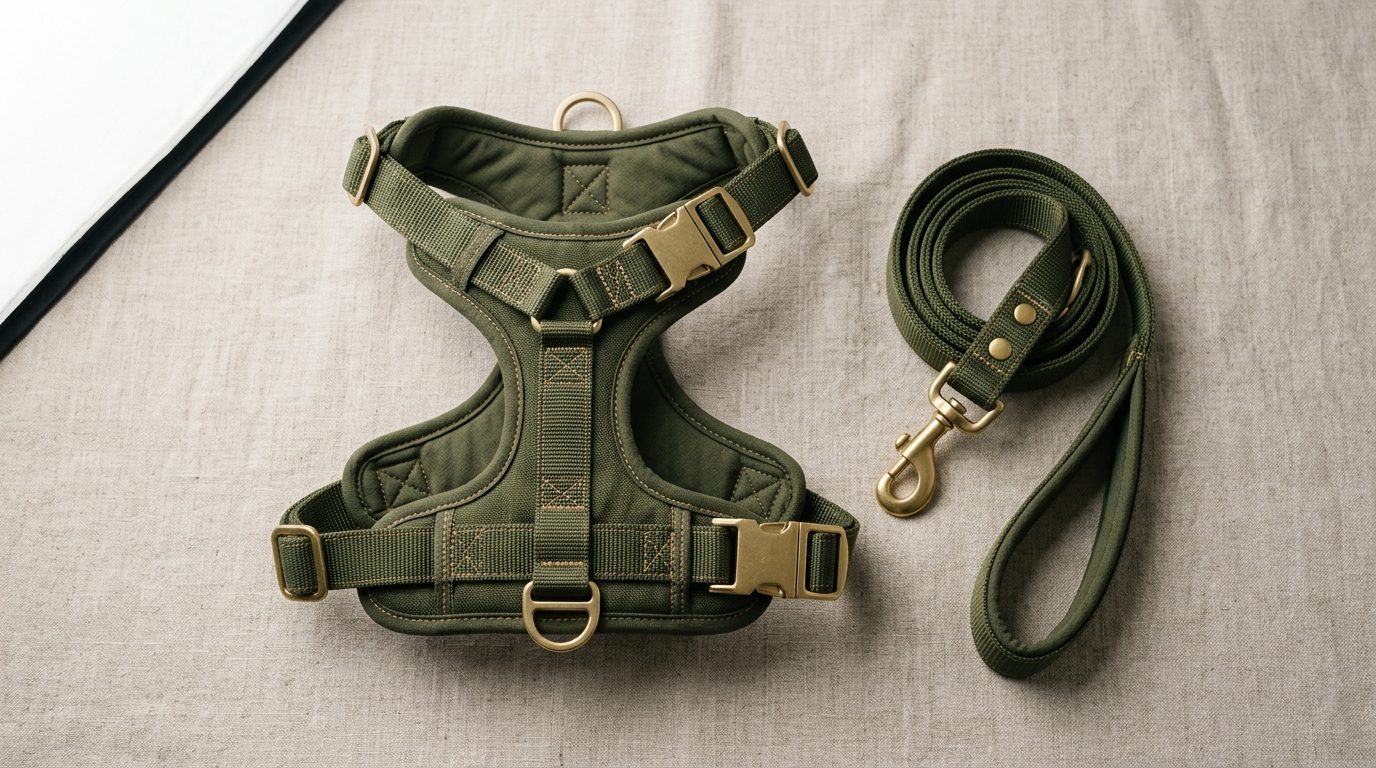 Colourful pet harnesses and leashes on a display wall