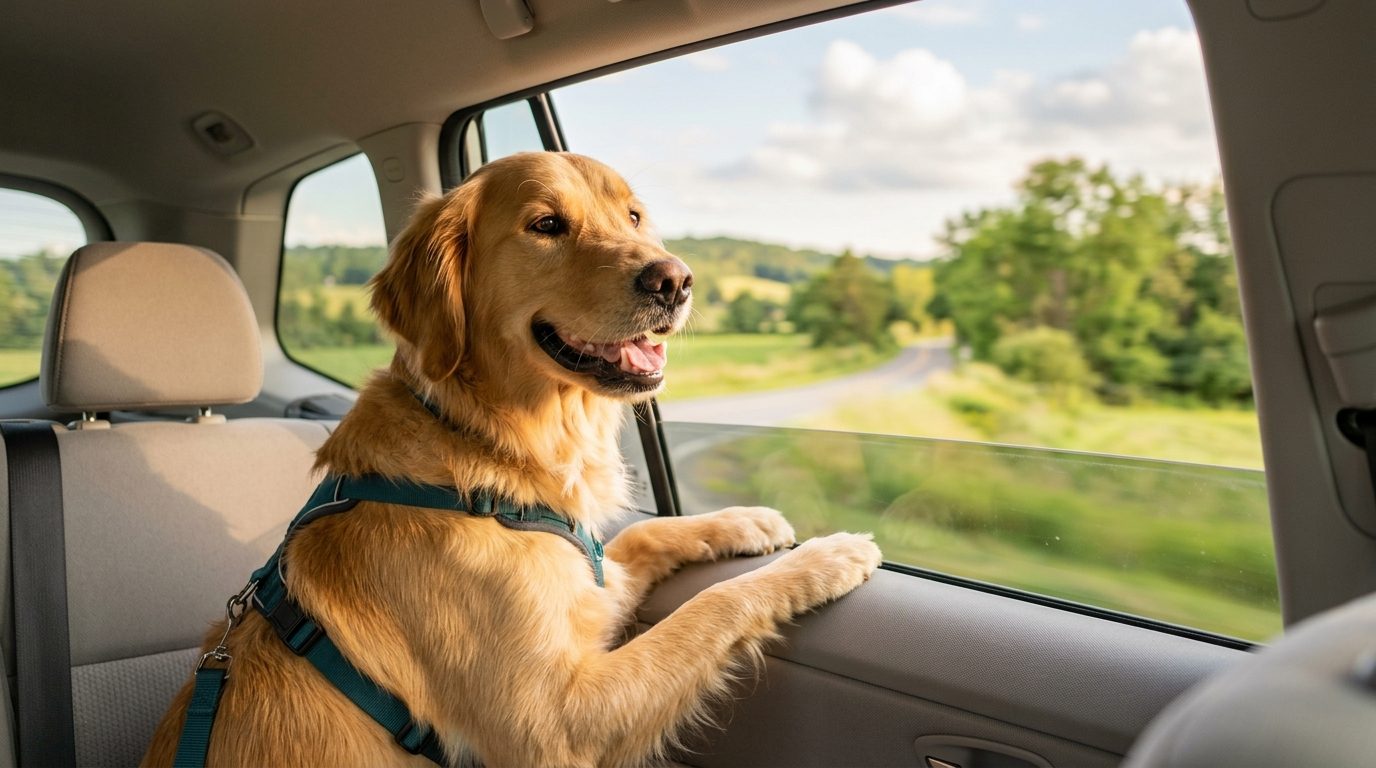 Pet inside a comfortable travel carrier for pet taxi transport