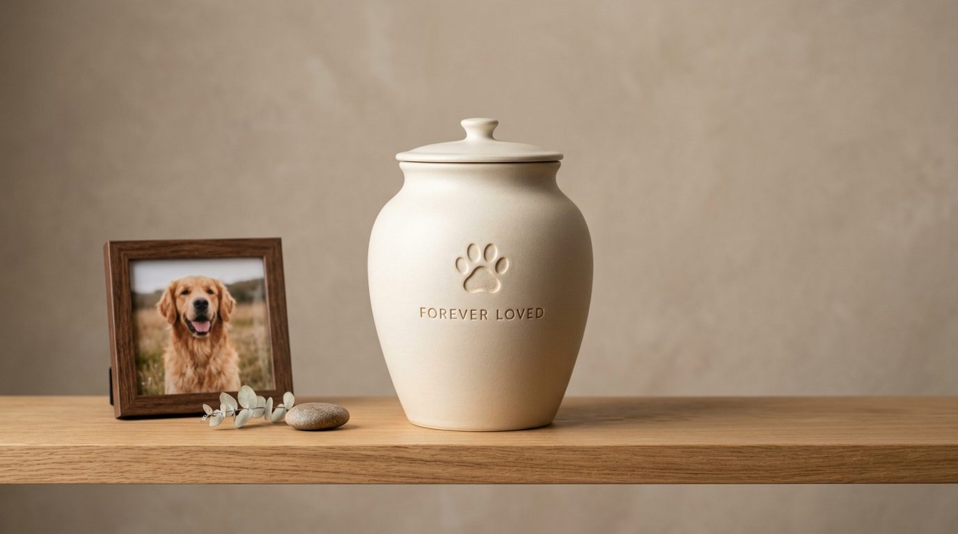 Simple ceramic pet urn for holding ashes at home